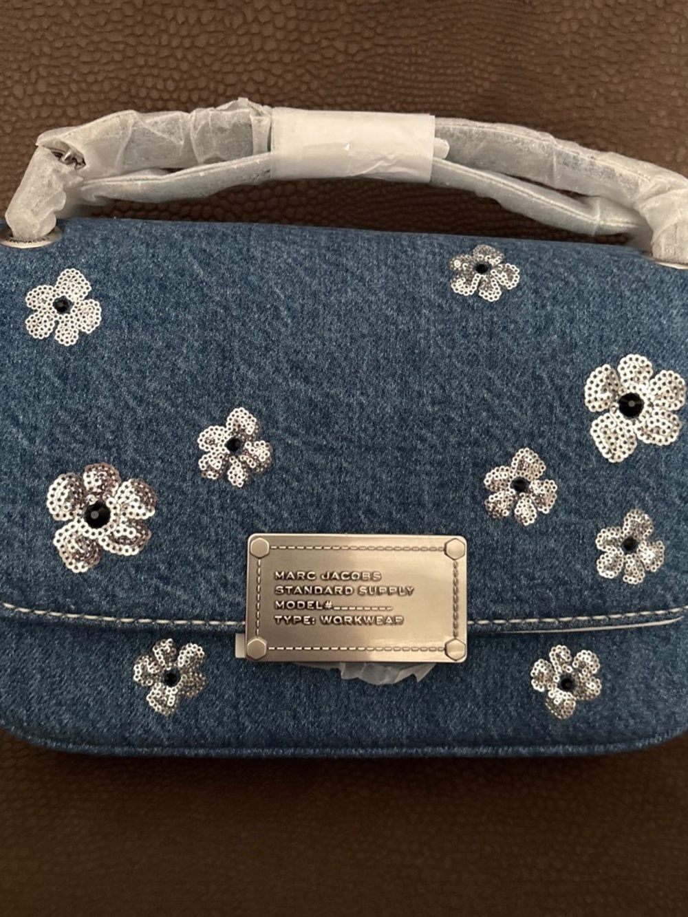 Marc Jacobs Denim Blue Floral Sequin Top Handle Handbag Silver Hardware